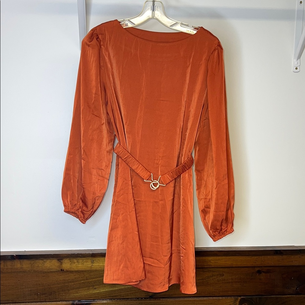 Amazon Satin Pumpkin Spice Colored Long-Sleeve Dress with Belt- Smallβ